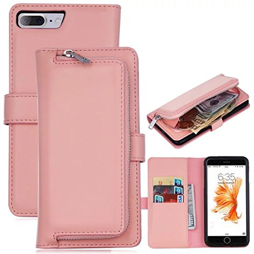 0791689501734 - IPHONE 7 PLUS WALLET CASE WITH DETACHABLE MAGNETIC BACK COVER,PREMIUM SLIM WALLET ZIPPER CLUTCH LEATHER CREDIT CARD HOLDER FEATURE PURSE CASE FOR IPHONE 7 PLUS-PINK