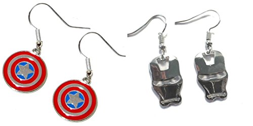 0792481159956 - THE AVENGER'S CAPTAIN AMERICA SHIELD AND SILVER IRONMAN MASK DANGLE EARRINGS (2 PACK) W/GIFT BOX