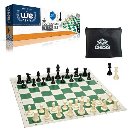 0792491840554 - TOURNAMENT STYLE CHESS SET WITH GREEN TOURNAMENT ROLL-UP CHESSBOARD WITH 2.25 SQUARE