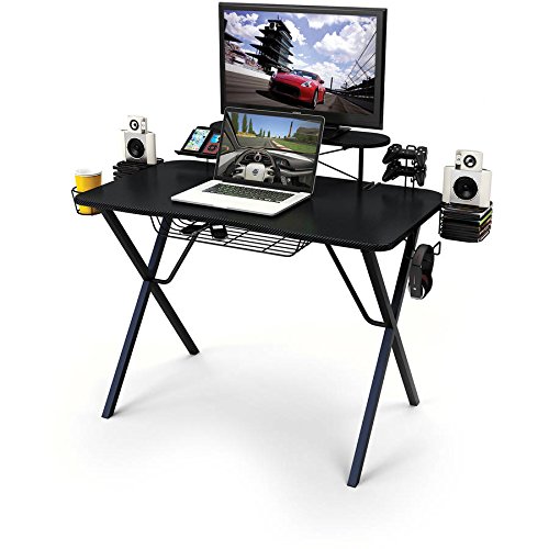 0793052382148 - GAMING DESK PRO ALL-IN-ONE PROFESSIONAL GAMER DESK WITH STORAGE BUILT-IN METAL WIRE HOLDERS AND CABLE SLOTS AND UNDERSIDE PROTECTOR BASKET PRODUCT DIMENSIONS (L X W X H): 51.00 X 24.50 X 35.80 INCHES