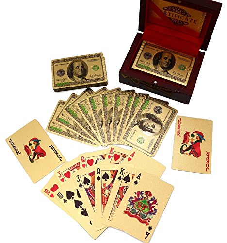0793125992359 - DECK OF 24K GOLD FOIL PLATING POKER PLASTIC PLAYING CARDS WITH CERTIFICATE OF AUTHENTICITY DOUBLE SIDED COLOR PRINTED RENDERED ETCHING $100 BENJAMIN FRANKLIN LOGO DESIGN (DOLLAR)