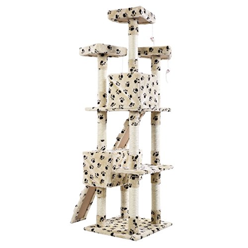 0794057451129 - SCRATCHING POSTS CAT ( COLOR: BEIGE WITH PAWS ) NEW 66 CAT TREE TOWER CONDO FURNITURE SCRATCHING POST PET KITTY PLAY HOUSE