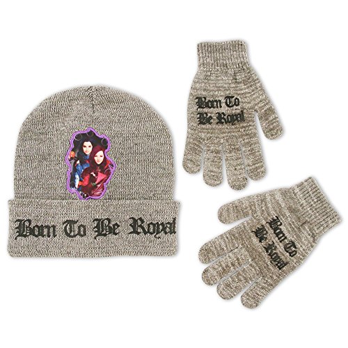 0794434201293 - DISNEY BIG GIRLS DESCENDANTS MAL AND EVIE BORN TO BE ROYAL HEATHERED ACRYLIC KNIT RIB WINTER CUFFED BEANIE HAT WITH SATIN CHARACTER PATCH AND MATCHING GLOVE SET, GREY, ONE SIZE
