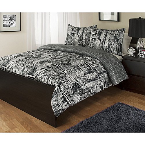 0795211429800 - 3 PIECE FULL QUEEN NEW YORK BROOKLYN COMFORTER SET, REVERSIBLE BEDDING, ADORNED CITYSCAPE DESIGN IN BLACK AND GREYS ON WHITE BACKGROUND, STYLISH, SOPHISTICATED CHIC