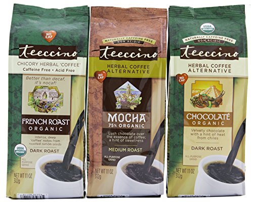 0795239890033 - TEECCINO VARIETY PACK (MOCHA, FRENCH ROAST, AND CHOCOLATE) CHICORY HERBAL COFFEE, CAFFEINE FREE, ACID FREE, 11OZ (PACK OF 3)