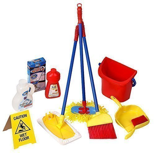 0795418860895 - CLICK N' PLAY 10 PIECE KIDS PRETEND PLAY CLEANING SET, WATER BUCKET, CLEANING AGENT BOTTLES, BROOM, MOP, DUSTER, WET FLOOR SIGN, BRUSH AND DUSTPAN