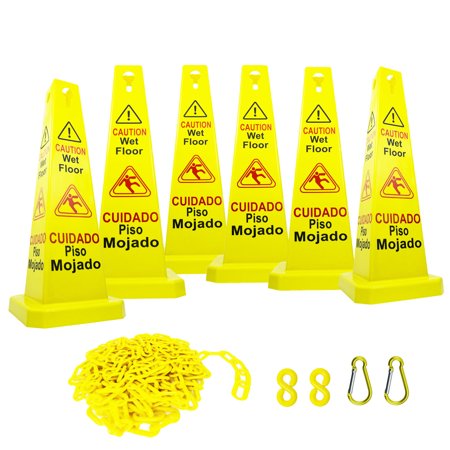 0795787471623 - RELIABLE1ST 6 PACKS 26”CAUTION WET FLOOR CONES WITH 13 FEET YELLOW PLASTIC BARRIER CHAIN | 4-SIDED BILINGUAL SIGNS | CUADADO PISO MOJADO
