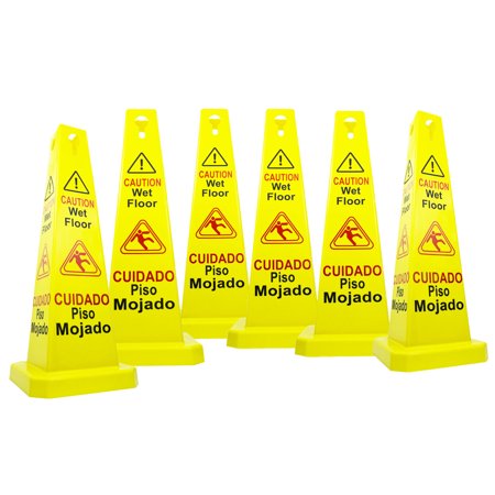 0795787471654 - RELIABLE1ST 6 PACKS 26”CAUTION WET FLOOR CONES | WET FLOOR SIGN | 4-SIDED BILINGUAL SIGNS | CUADADO PISO MOJADO| SLIPPERY SIGN
