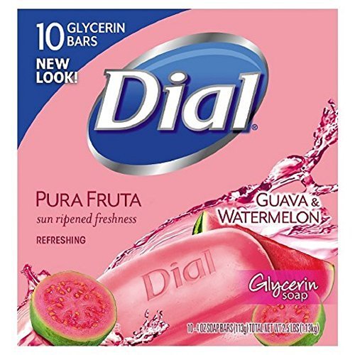 0796474676727 - DIAL GLYCERIN SOAP, PACK OF 10 BARS, PURA FRUTA. REFRESHING GUAVA & WATERMELON SCENT. LEAVES SKIN SMOOTH & RADIAN! HYPO-ALLERGENIC. GREAT FOR HANDS, FACE & BODY! (10 BARS, 4OZ EACH BAR)