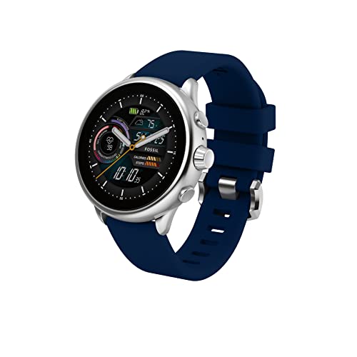 0796483588479 - FOSSIL UNISEX GEN 6 44MM WELLNESS EDITION TOUCHSCREEN SILICONE SMART WATCH, COLOR: SILVER, NAVY (MODEL: FTW4070V)