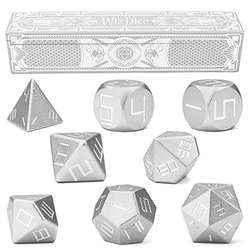 0796520349049 - SET OF 8 MITHRIL MASTERWORK PRECISION ALUMINUM POLYHEDRALS WITH LASER-ETCHED STRONGBOX BY WIZ DICE