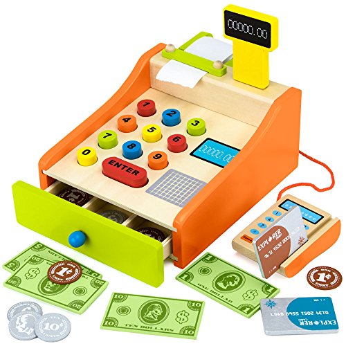 0796520352896 - WOOD EATS! CHANGE & CHARGE CASH REGISTER WITH WOODEN COINS, BILLS, AND CREDIT CARDS (22PCS.) BY IMAGINATION GENERATION
