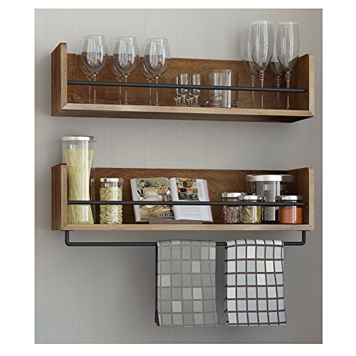 0796890970911 - SET OF 2 RUSTIC KITCHEN WOOD WALL SHELF WITH METAL RAIL ALSO MULTI USE CAN BE USED AS A SPICE RACK LIVING ROOM OR BEDROOM WALL SHELF , WALNUT STAINED