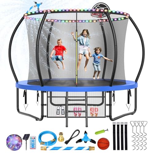 0797417491605 - LYROMIX UPGRADED 10FT TRAMPOLINE FOR KIDS AND ADULTS, OUTDOOR TRAMPOLINES WITH CURVED POLE, PUMPKIN SHAPED BACKYARD TRAMPOLINE WITH SPRINKLER, STAKE, LIGHT, BASKETBALL, BASKETBALL HOOP AND STORAGE BAG