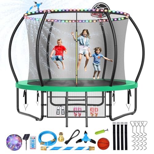 0797417491612 - LYROMIX UPGRADED 10FT TRAMPOLINE FOR KIDS AND ADULTS, OUTDOOR TRAMPOLINES WITH CURVED POLE, PUMPKIN SHAPED BACKYARD TRAMPOLINE WITH SPRINKLER, STAKE, LIGHT, BASKETBALL, BASKETBALL HOOP AND STORAGE BAG