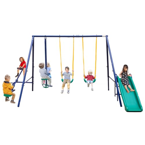 0797417491636 - LYROMIX 5 IN 1 SWING SET FOR KIDS, OUTDOOR SWING SET FOR KIDS BACKYARD WITH SLIDE, 2 SWINGS, TEETER-TOTTER & GLIDER, CHILD PLAYSET FOR FUN OUTDOOR PLAY