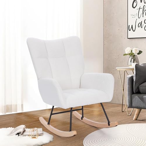 0797417591275 - UNOVIVY ROCKING CHAIR NURSERY, UPHOLSTERED GLIDER ROCKER WITH HIGH BACKREST, STYLISH ACCENT ARMCHAIR WITH PADDED SEAT INDOOR, SUITABLE FOR LIVING ROOM, BEDROOM, OFFICE, 35.4 H, TEDDY WHITE