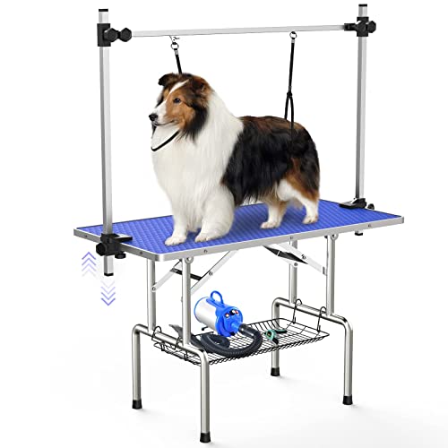 0797427334961 - UNOVIVY DOG/PET GROOMING TABLE FOLDABLE HEIGHT ADJUSTABLE - 46-INCH PORTABLE DOG GROOMING TABLE WITH ARM NOOSE & MESH TRAY, MAXIMUM CAPACITY UP TO 300LBS (BLUE)