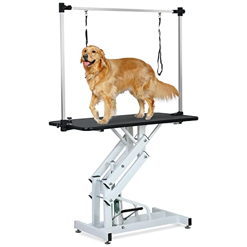 0797427354143 - UNOVIVY HYDRAULIC DOG GROOMING TABLE, HEAVY DUTY GROOMING TABLE FOR SMALL/MEDIUM DOGS AT HOME, PET GROOMING TABLE WITH ADJUSTABLE ARM AND NOOSE, RANGE 21-36 INCH, 43 INCH