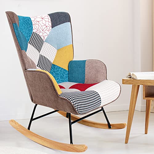 0797427355010 - UNOVIVY ROCKING CHAIR NURSERY, UPHOLSTERED NURSING ARMCHAIR WITH WOODEN BASE, BABY GLIDER ROCKER WITH BACKREST, SMALL GLIDING SEAT FOR BEDROOM, LIVING ROOM, OFFICE, COLORFUL BLUE