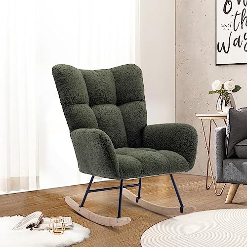 0797427356062 - UNOVIVY ROCKING CHAIR NURSERY, UPHOLSTERED NURSING ARMCHAIR WITH WOODEN BASE, BABY GLIDER ROCKER WITH BACKREST, SMALL GLIDING SEAT FOR LIVING ROOM, BEDROOM, OFFICE, 30 INCHES DEPTH, DARK GREEN