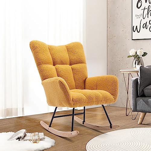 0797427356093 - UNOVIVY ROCKING CHAIR NURSERY, TEDDY UPHOLSTERED NURSING ARMCHAIR WITH WOODEN BASE, BABY GLIDER ROCKER WITH BACKREST, SMALL GLIDING SEAT FOR LIVING ROOM, BEDROOM, OFFICE, TURMERIC