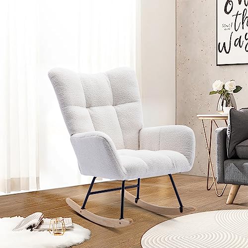 0797427356185 - UNOVIVY ROCKING CHAIR NURSERY, TEDDY UPHOLSTERED NURSING ARMCHAIR WITH WOODEN BASE, BABY GLIDER ROCKER WITH BACKREST, SMALL GLIDING SEAT FOR LIVING ROOM, BEDROOM, OFFICE, PURE WHITE