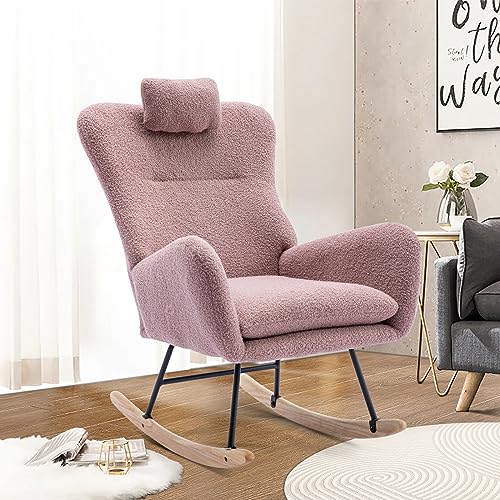 0797427356604 - UNOVIVY ROCKING CHAIR NURSERY, TEDDY UPHOLSTERED NURSING ARMCHAIR WITH WOOD BASE, BABY GLIDER ROCKER WITH HEADREST & SIDE HANDY POCKET, SMALL GLIDING SEAT FOR LIVING ROOM, BEDROOM, OFFICE, PINK