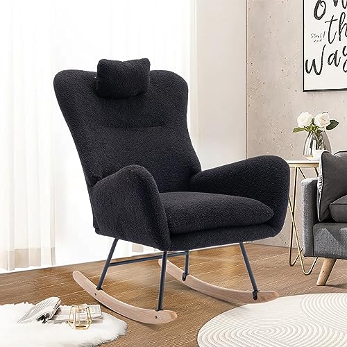 0797427356635 - UNOVIVY ROCKING CHAIR NURSERY, TEDDY UPHOLSTERED NURSING ARMCHAIR WITH WOOD BASE, BABY GLIDER ROCKER WITH HEADREST & SIDE HANDY POCKET, SMALL GLIDING SEAT FOR LIVING ROOM, BEDROOM, OFFICE, DARK GRAY