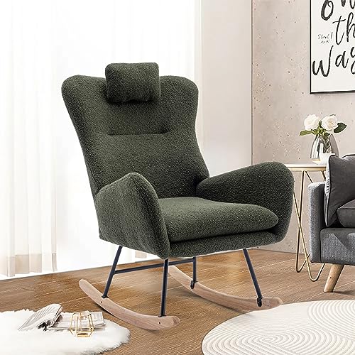 0797427356666 - UNOVIVY ROCKING CHAIR NURSERY, TEDDY UPHOLSTERED NURSING ARMCHAIR WITH WOOD BASE, BABY GLIDER ROCKER WITH HEADREST & SIDE HANDY POCKET, SMALL GLIDING SEAT FOR LIVING ROOM, BEDROOM, OFFICE, GREEN