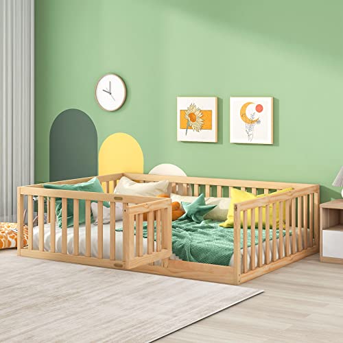 0797427534958 - TATUB FULL FLOOR BED WITH SAFETY GUARDRAILS AND DOOR, TODDLER FLOOR BED FRAME FULL SIZE FOR GIRLS AND BOYS, WOOD MONTESSORI FLOOR BED FOR KIDS, FULL-NATURE