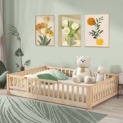0797427536150 - TATUB FULL FLOOR BED WITH SAFETY GUARDRAILS AND SLATS, TODDLER FLOOR BED FRAME FULL SIZE FOR GIRLS AND BOYS, WOOD MONTESSORI FLOOR BED FOR KIDS, FULL-NATURE