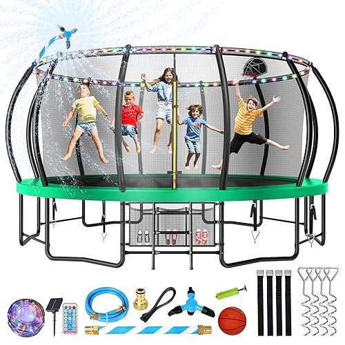 0797430184164 - LYROMIX 16FT UPGRADE TRAMPOLINE FOR KIDS AND ADULTS, OUTDOOR TRAMPOLINES WITH CURVED POLES, PUMPKIN SHAPED TRAMPOLINE WITH SPRINKLER, STAKES, LIGHT, BASKETBALL, BASKETBALL HOOP AND STORAGE BAG