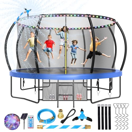 0797430184911 - LYROMIX UPGRADE 12FT TRAMPOLINE FOR KIDS AND ADULTS, OUTDOOR TRAMPOLINES WITH CURVED POLES, PUMPKIN SHAPED BACKYARD TRAMPOLINE WITH SPRINKLER, STAKES, LIGHT, STORAGE BAG FOR KIDS FAMILY HAPPY TIME