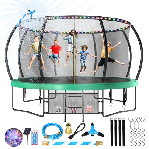 0797430185666 - LYROMIX UPGRADE 14FT TRAMPOLINE FOR KIDS AND ADULTS, OUTDOOR TRAMPOLINES WITH CURVED POLES, PUMPKIN SHAPED TRAMPOLINE WITH SPRINKLER, STAKES, LIGHT, STORAGE BAG FOR KIDS FAMILY HAPPY TIME