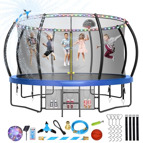 0797430186502 - LYROMIX UPGRADE 12FT PUMPKIN TRAMPOLINE FOR KIDS AND ADULTS, OUTDOOR TRAMPOLINES WITH CURVED POLES, RECREATIONAL TRAMPOLINE WITH SPRINKLER, STAKES, LIGHT, BASKETBALL, BASKETBALL HOOP AND STORAGE BAG