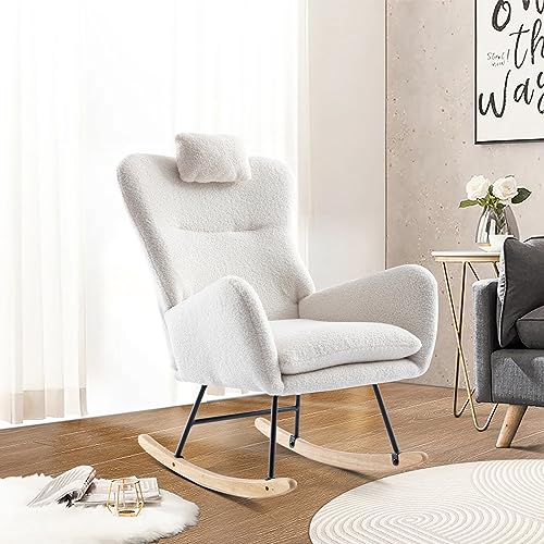 0797430334163 - UNOVIVY ROCKING CHAIR NURSERY, TEDDY UPHOLSTERED NURSING ARMCHAIR WITH WOOD BASE, BABY GLIDER ROCKER WITH HEADREST & SIDE HANDY POCKET, SMALL GLIDING SEAT FOR LIVING ROOM, BEDROOM, OFFICE, WHITE