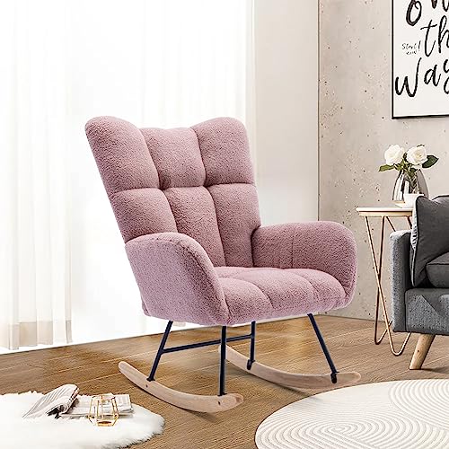 0797430334224 - UNOVIVY ROCKING CHAIR NURSERY, TEDDY UPHOLSTERED NURSING ARMCHAIR WITH WOODEN BASE, BABY GLIDER ROCKER WITH BACKREST, SMALL GLIDING SEAT FOR LIVING ROOM, BEDROOM, OFFICE, SOLID PINK