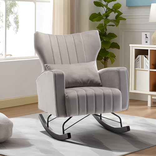 0797430334880 - UNOVIVY ROCKING CHAIR NURSERY, VELVET UPHOLSTERED NURSING ARMCHAIR WITH WOODEN BASE, BABY GLIDER ROCKER WITH WIDE BACKREST, COMFY GLIDING SEAT FOR LIVING ROOM, BEDROOM, OFFICE, 35 INCHES DEPTH, GRAY