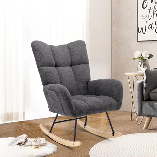0797430335726 - UNOVIVY ROCKING CHAIR NURSERY, UPHOLSTERED NURSING ARMCHAIR WITH WOODEN BASE, BABY GLIDER ROCKER WITH BACKREST, SMALL GLIDING SEAT FOR LIVING ROOM, BEDROOM, OFFICE, 30 INCHES DEPTH, LIGHT GRAY