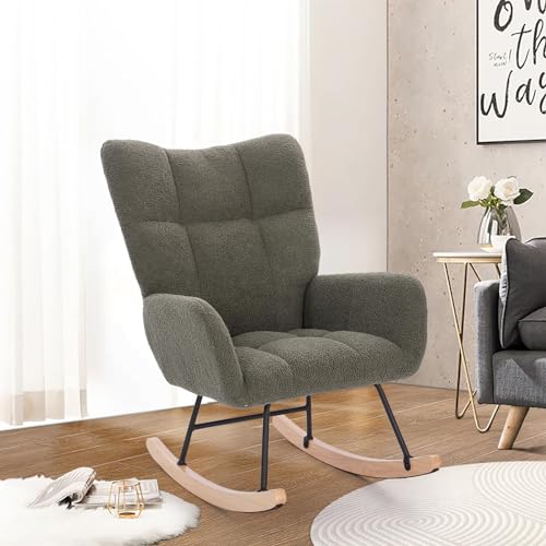 0797430336051 - UNOVIVY ROCKING CHAIR NURSERY, TEDDY UPHOLSTERED NURSING ARMCHAIR WITH WOODEN BASE, BABY GLIDER ROCKER WITH BACKREST, SMALL GLIDING SEAT FOR LIVING ROOM, BEDROOM, OFFICE, 35 INCHES DEPTH, GREEN