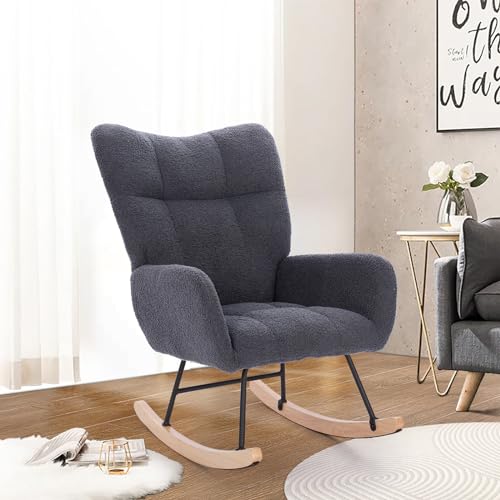 0797430336112 - UNOVIVY ROCKING CHAIR NURSERY, TEDDY UPHOLSTERED NURSING ARMCHAIR WITH WOODEN BASE, BABY GLIDER ROCKER WITH BACKREST, SMALL GLIDING SEAT FOR LIVING ROOM, BEDROOM, OFFICE, 35 INCHES DEPTH, GRAY
