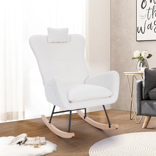 0797430336747 - UNOVIVY ROCKING CHAIR NURSERY, TEDDY LIVING ROOM ARMCHAIR WITH WOOD BASE, BABY GLIDER ROCKER WITH HEADREST & SIDE HANDY COCKET, SMALL GLIDING SEAT FOR BEDROOM, OFFICE, WHITE