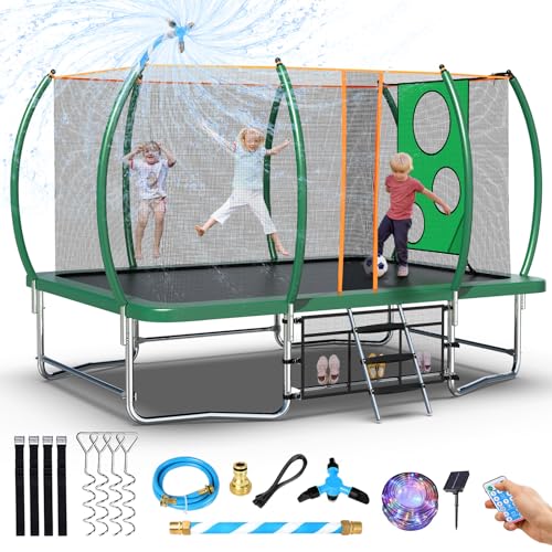 0797430415138 - TATUB 8X14 FT TRAMPOLINE FOR KIDS AND ADULTS, OUTDOOR RECTANGLE TRAMPOLINE WITH STAKES, LIGHT, SPRINKLER, SOCCER BALL, SQUARE TRAMPOLINE WITH NET, BACKYARD TRAMPOLINE FOR 3-5 ADULTS AND KIDS, GREEN