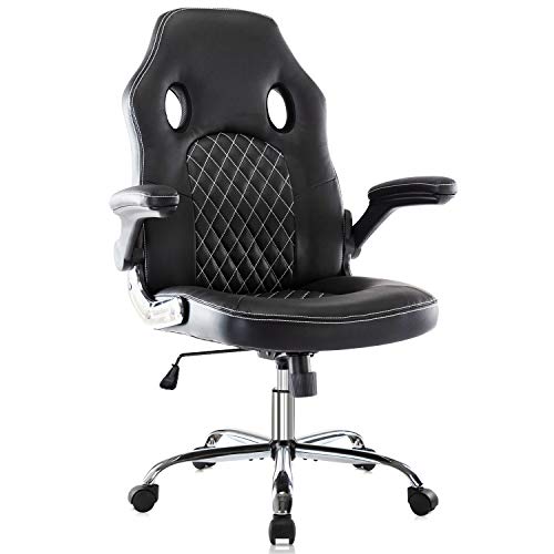 0797434424303 - OFFICE COMPUTER GAMING CHAIRS, LEATHER ERGONOMIC OFFICE CHAIR WITH HIGH BACK, ADJUSTABLE SWIVEL TASK EXECUTIVE CHAIR WITH LUMBAR SUPPORT AND FLIP-UP ARMRESTS