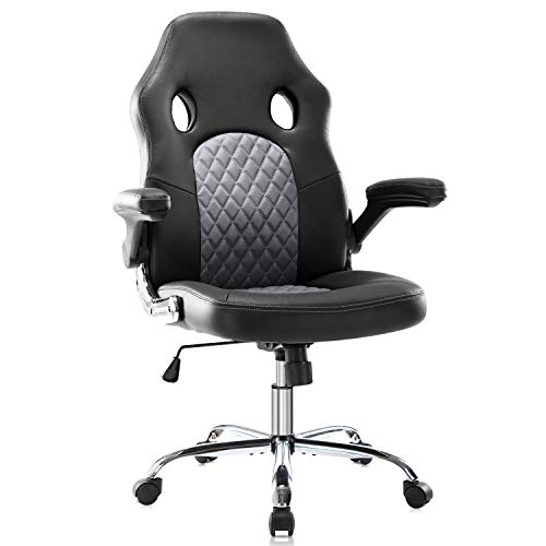 0797434424396 - OFFICE COMPUTER GAMING CHAIRS, LEATHER ERGONOMIC OFFICE CHAIR WITH HIGH BACK, ADJUSTABLE SWIVEL TASK EXECUTIVE CHAIR WITH LUMBAR SUPPORT AND FLIP-UP ARMRESTS