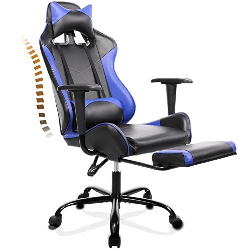 0797434587282 - GAMING CHAIR, LEATHER COMPUTER GAMING CHAIR, HIGH BACK ERGONOMIC VIDEO RACING CHAIR, COMPUTER OFFICE CHAIR SWIVEL CHAIR WITH FOOTREST AND HEADREST (BLUE, MODERN)
