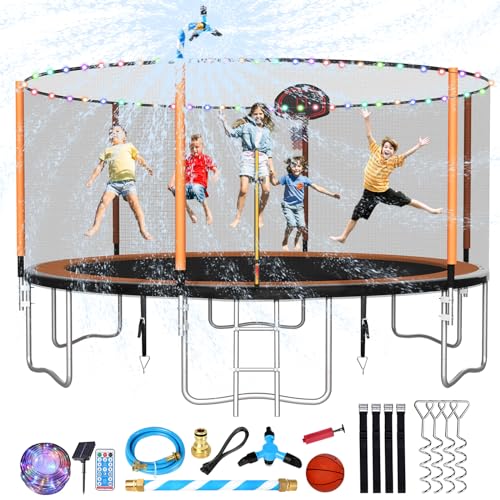 0797447917724 - LYROMIX 14FT TRAMPOLINE FOR KIDS AND ADULTS, LARGE OUTDOOR TRAMPOLINE WITH STAKES, LIGHT, SPRINKLER, BACKYARD TRAMPOLINE WITH BASKETBALL HOOP AND NET, CAPACITY FOR 5-8 KIDS AND ADULTS