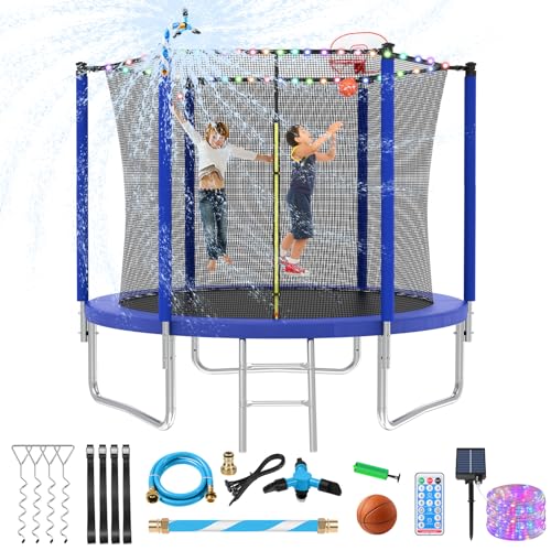 0797447918806 - LYROMIX UPGRADED 8FT OUTDOOR TRAMPOLINE, LARGE OUTDOOR TRAMPOLINE WITH STAKES, LIGHT, SPRINKLER, BACKYARD TRAMPOLINE WITH BASKETBALL HOOP AND NET, CAPACITY FOR 3-5 KIDS AND ADULTS