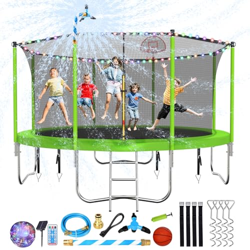 0797447918899 - LYROMIX UPGRADED 12FT TRAMPOLINE WITH LIGHTS, LARGE OUTDOOR TRAMPOLINE WITH SPRINKLER, STAKES, LIGHT, BACKYARD TRAMPOLINE WITH BASKETBALL HOOP AND NET, CAPACITY FOR 5-8 KIDS AND ADULTS